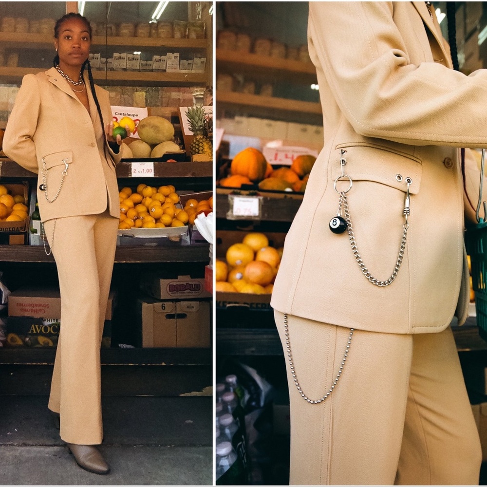Y2K Beige DKNY Pants Suit, Reworked Ladies Khaki Wool Suit, Chain Grommet Badass